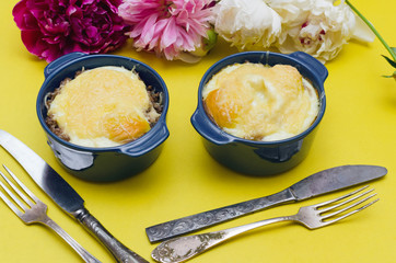 Buckwheat porridge with cheese and egg. Healthy food.