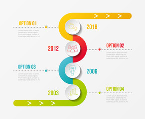 Colourful company timeline with round business icons. Vector.