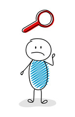 Sad stickman with magnifier (search) icon. Vector.