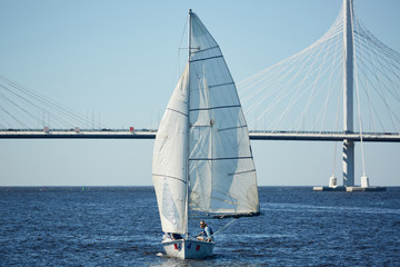 Yachtsmen participating in sport competition on sailing during windy weather