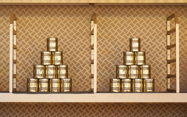 stacked tin can pyramid for can knockdown game at funfair - obrazy, fototapety, plakaty
