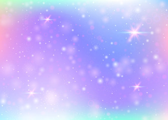 Naklejka na ściany i meble Unicorn background with rainbow mesh. Kawaii universe banner in princess colors. Fantasy gradient backdrop with hologram. Holographic unicorn background with magic sparkles, stars and blurs.
