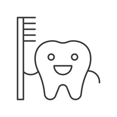 Cartoon tooth hold toothbrush, simple outline icon dental care set