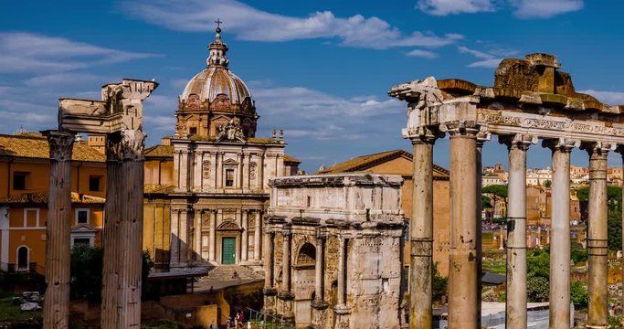 Roman Forum Foro Romano Rome Italy Detail Architecture Landmark in City Center Timelapse 4K. Roman Forum Panoramic View.