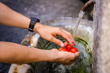 Cleaning Tomato in the fountain on the street in Europe