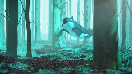 Killerwale schwimmen im Wald, Orca fliegt in nebliger Landschaft, surreale 3D-Illustration © dottedyeti