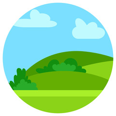 Fototapeta premium Natural cartoon landscape in circle. Vector illustration in the flat style with green hills, blue sky and clouds at sunny day. 