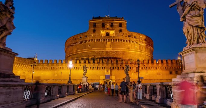 Ponte Sant'Angelo Bridge Timelapse at Night Sunset. Bridge Ponte Sant'Angelo Detail Architecture Landmark at Night in City Center Timelapse 4K.