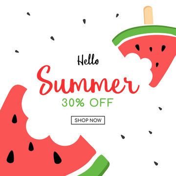 Summer Sale And Cute Watermelon Slice Pop With A Bite, Vector Illustration 