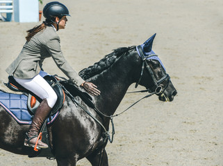 Beautiful girl on black horse in jumping show, equestrian sports. Horswoman in uniform  patting the...
