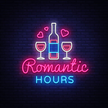 Romantic Dinner neon sign vector. Romantic Hour Logotype, Emblem in Modern Trend Design, Vector Template, Light Banner, Night Romantics, Design Element. Vector