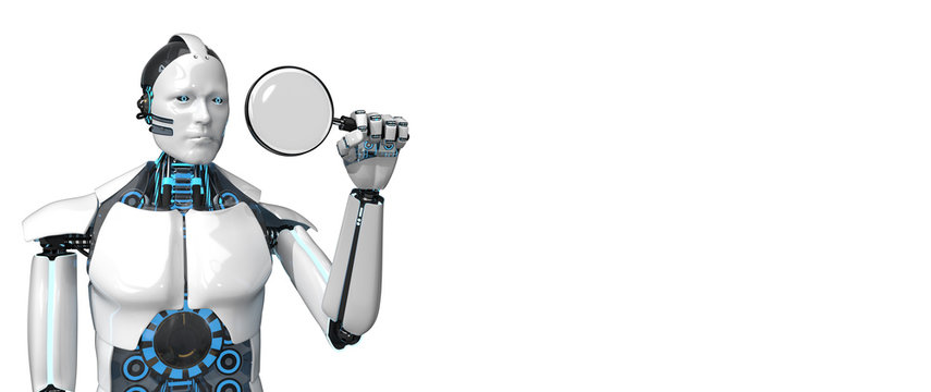 Roboter mit Lupe auf einem wei&szlig;en Hintergrund