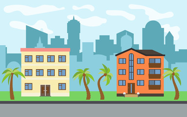 Vector city with two three-story cartoon houses and palm trees in the sunny day. Summer urban landscape. Street view with cityscape on a background
