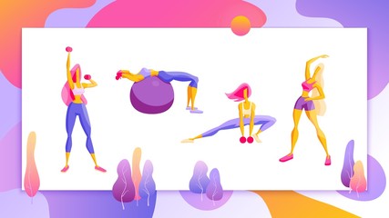 Woman workout fitness, pilates, aerobic Set of girls doing exercise, jogging Vector