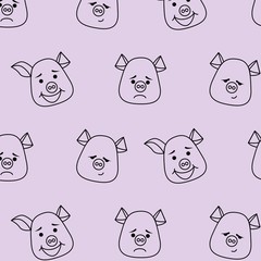 Seamless pattern. Pig head with different emotions, meme, icon. Single, vector images. Black outline.