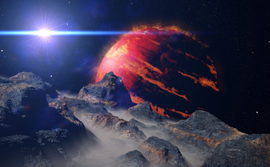 Fototapeta premium landscape on alien moon orbiting a gas giant exoplanet, hot Jupiter class planet