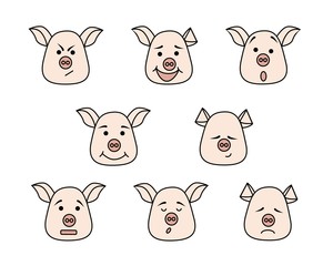 Obraz premium Pig head with different emotions, meme, icon. Single, vector images. Black outline. Pink color