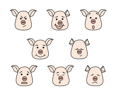 Pig head with different emotions, meme, icon. Single, vector images. Black outline. Pink color