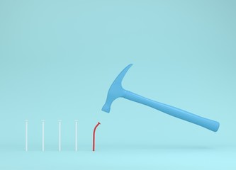 Obraz premium Hammer is hitting red nails on blue pastel background. from beginner to skilled expert. training skill. smashing of successful training and persistence. minimal skill level concept.
