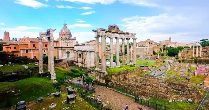 Roman Forum Foro Romano Rome Italy Detail Architecture Landmark in City Center Timelapse 4K. Roman Forum Panoramic View.
