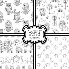 Set of vector woodland seamless patterns.