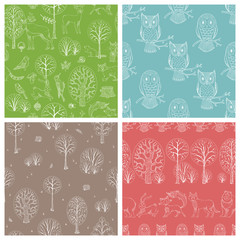 Set of autumn woodland seamless patterns.