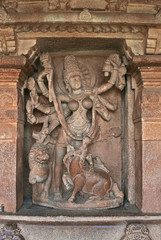 Carved figure of Mahishasuramardini in the corridor, Durga temple, Aihole, Bagalkot, Karnataka. The Galaganatha Group of temples.