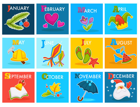 Vector calendar with cartoon seasonal symbols
