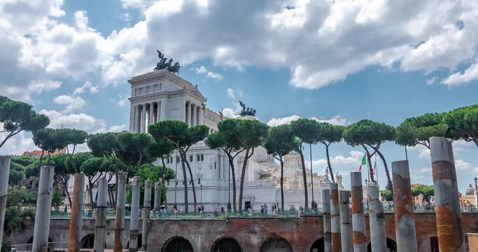 Rome Piazza Venezia Motion Timelapse in Rome City Center 4K UHD. Rome Ancient Architecture Ruins.