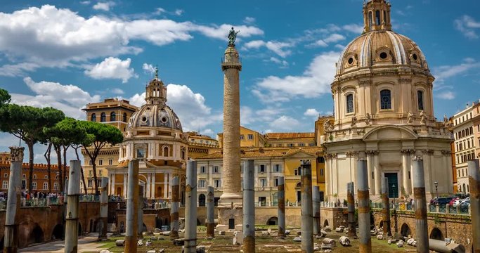 Rome Trajan Column Beautiful Architecture and Landmark in City Center of Rome Timelapse 4K UHD.