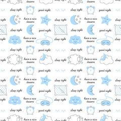 Obraz premium Blue sleep time sketch seamless vector pattern.