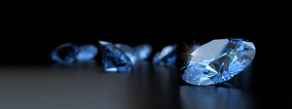 Blue diamonds placed on reflection background 3d rendering