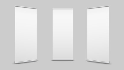 Creative vector illustration of empty roll up banners with paper canvas texture isolated on transparent background. Art design blank template mockup. Concept graphic promotional presentation element