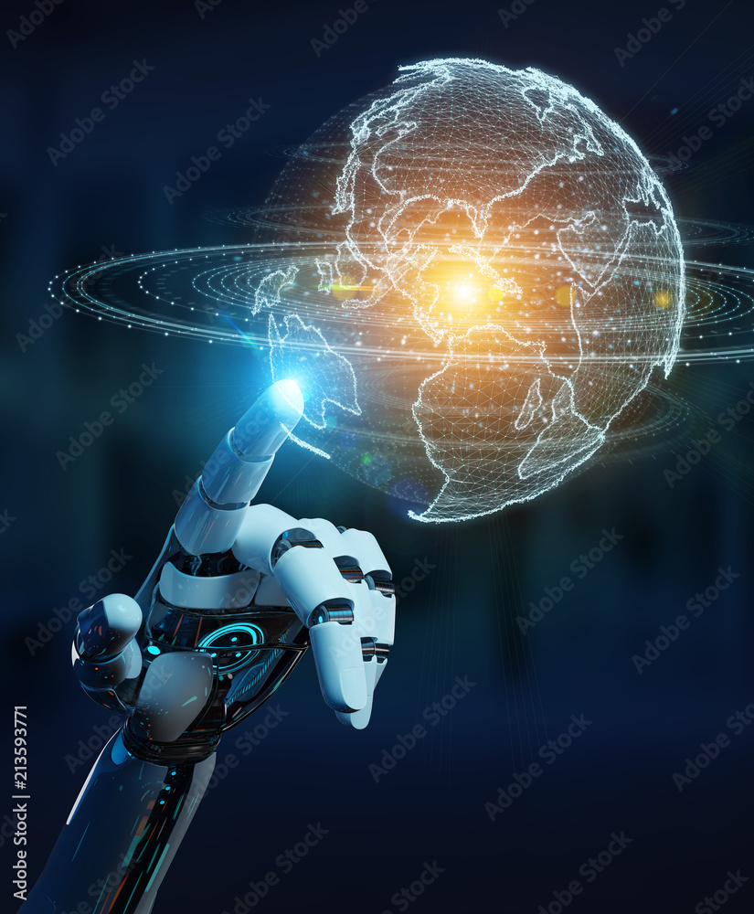 Leinwandbilder white robot hand using globe network hologram with america usa map 3d rendering