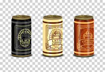 Tin can and label of coffee beans with isolated background