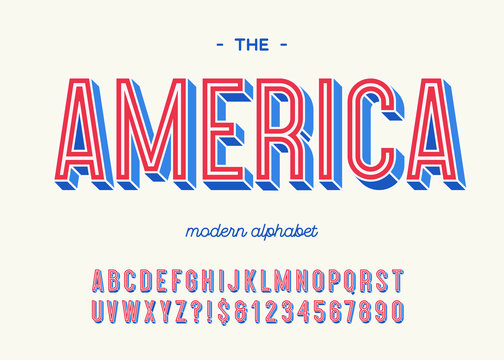 America modern alphabet 3d typography colorful style for decoration, party poster, t shirt, logo, promotion, book, card, sale banner, printing on fabric. Cool font. Trendy typeface. Vector 10 eps