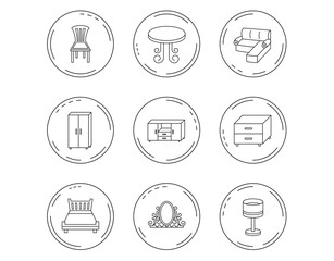 Corner sofa, table and cupboard icons.