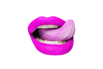 Female lips with purple lipstick and sticking out tongue on white background close-up