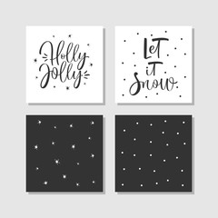 Modern creative Christmas cards with hand drawn calligraphy in black and white. Vector illustration.