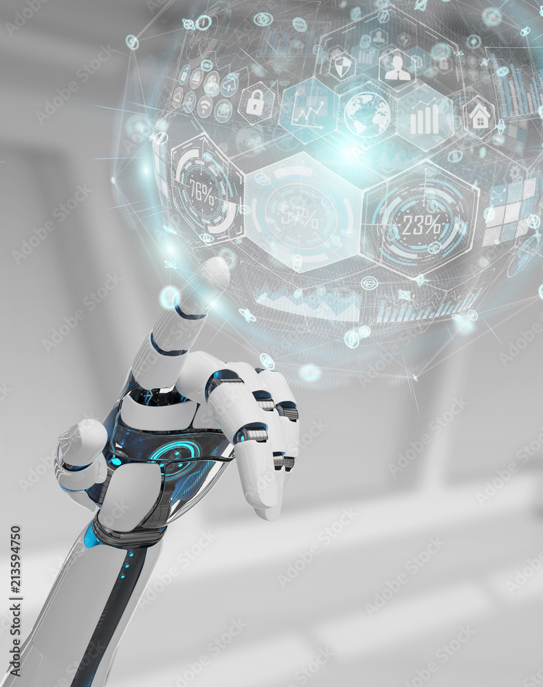 Poster white cyborg hand using digital chart interface 3d rendering