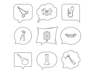 Medical mask, blood and dental pliers icons.