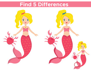 Educational game for kids. Find five differences. Mermaid with crab. Vector illustration