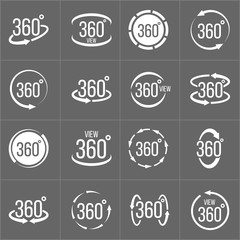 Creative vector illustration of 360 degrees view related sign set isolated on transparent background. Art design. Abstract concept graphic rotation arrows, panorama, virtual reality helmet element