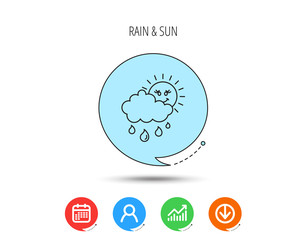 Rain and sun icon. Water drops with cloud sign.