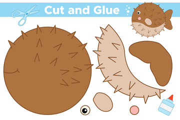 Educational paper game for preschool kids. Cut and glue cartoon Fugu fish. Vector illustration