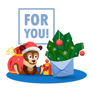 A puppy, a bag, gifts and an envelope with fir branches and bolls.