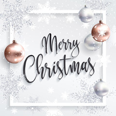 Merry Christmas Square card with silver sequins and Rose gold xmas balls. Xmas calligraphic inscription. White clean background. - 213596517