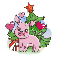 Happy New 2019 Year card with cartoon baby pig. Small symbol of holiday.