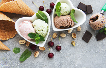 set of ice cream scoops of different colors and flavours