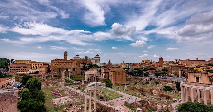 Roman Forum Foro Romano Rome Italy Panoramic Timelapse 4K. Roman Forum Panoramic View with Clouds.